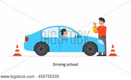 Education Process In Driving School. Woman Drives Car And Passes Exam To Instructor At Racetrack. St