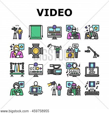 Video Production Film Studio Icons Set Vector. Movie Camera, Media Studio, Digital Profession Tv, Te