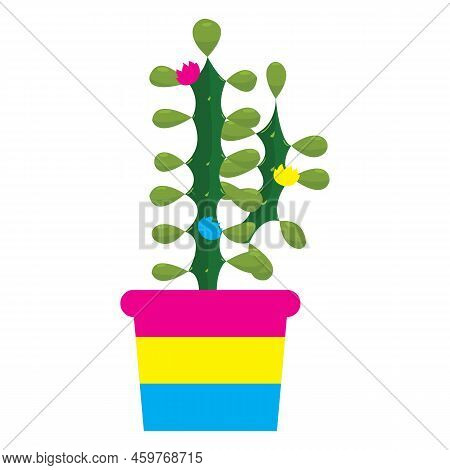 Cactus In A Pot Painted In The Colors Of The Pansexual Flag. Vector Illustration Isolated On White B