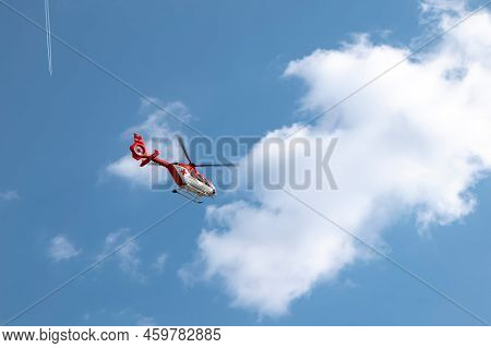 Ostrava, Czech Republic - March 26, 2022: Eurocopter Ec135t2+ Rescue Helicopter Krystof Flying To Ho