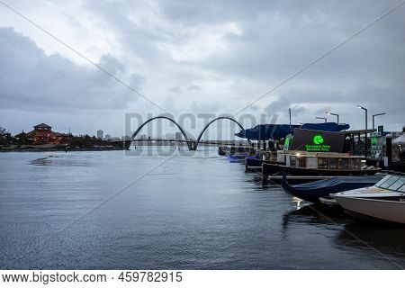 Perth, Western Australia - July 14, 2018. Elizabeth Quay Bridge At Evening Cloudy Rainy Weather Acro