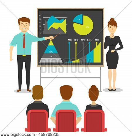 Business People At Presentation Design Of Young Man And Woman Near Board With Digrams Statistics Vec