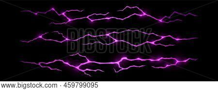Ground Cracks With Purple Light Inside Top View. Vector Cartoon Texture Of Horizontal Breaks In Land