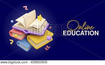 Online Eduction Banner On Dark Background. Vector 3d Render Books Library Concept. Abstract Design T