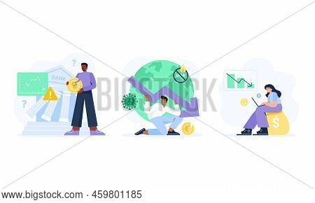 Financial Crisis Illustrations Set. Stressed Characters, Office Workers With Economic, Investment, A
