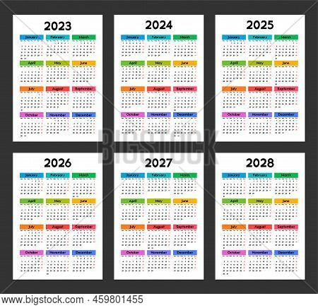 Calendar 2023, 2024, 2025, 2026, 2027, 2028, Week Starts On Monday, Basic Template With A Bright Mul