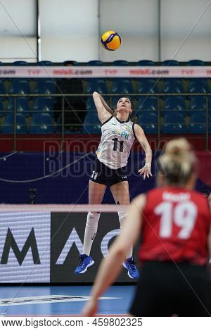 Istanbul, Turkey - April 02, 2022: Cagla Erdem Serves During Turk Hava Yollari Vs Ptt Turkish Sultan