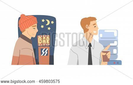 Young Man Daily Routine Set. Businessman Walking Home In Evening And Having Coffee Break Cartoon Vec