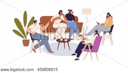 Friends Communication, Meeting At Home. People Talking, Speaking, Sitting On Sofa, Armchair In Livin
