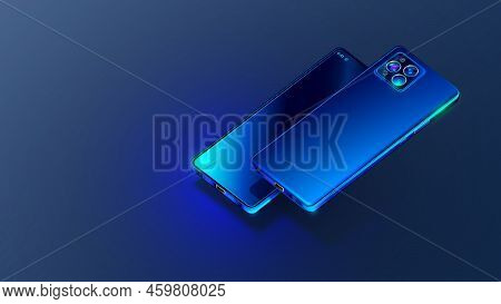 3d Mobile Smart Phone Is Turned Up Of Camera. Shiny, Blue Phone Hanging On Dark Grey Background. Cam