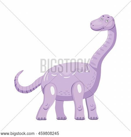 Brantosaurus Cute Dino. Funny Dinosaur Characters Smiling And Standing. Creatures And Fossil Reptile