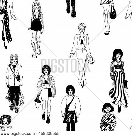 Seamless Pattern. Women In Trendy Clothes. Defile Sketch.