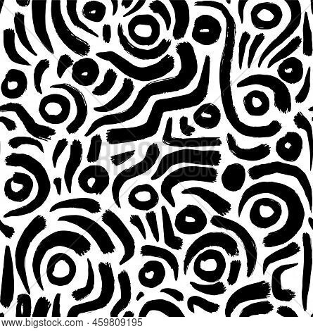 Abstract Artistic Seamless Pattern Background With Black Ink Brush Irregular Stroke Shapes. Black An