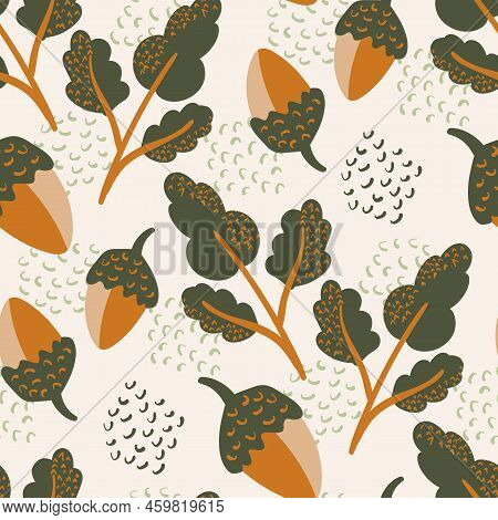 Modern Oak Leaf Acorn Vector Seamless Background Pattern. Hand-drawn Groups Of Leaves And Acorns On 