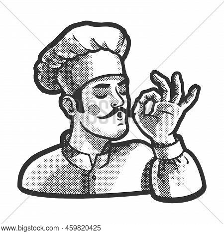 Bellissimo Gesture Chef Cook Sketch Halftone Pattern Raster Illustration. Scratch Board Imitation. B