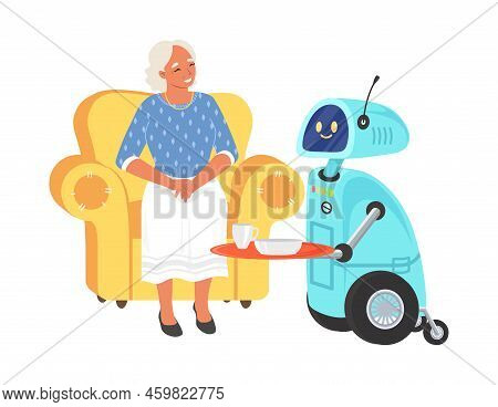 Robot Assistant Serving Food For Elderly Woman