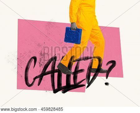 Contemporary Art Collage. Silhouette Of Man In Yellow Worksuit With Tool Case On Duty. Home Repair S