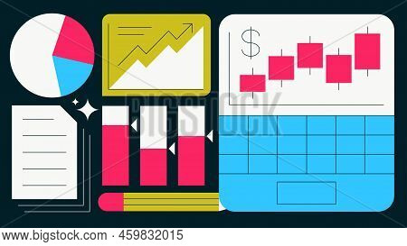 Stock Market Flat Vector Illustration. Laptop With Stock Market Infographics, Statistic And Pencil. 
