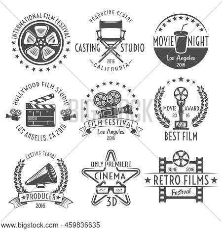 Movies Black White Emblems Set With Reel Chair Clapper Megaphone Award Projector And Inscriptions Is