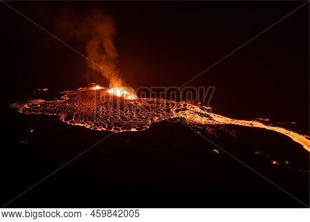 Aerial Drone Image Of Meradalir Eruption Of Fagradalsfjall Volcano In Iceland 2022