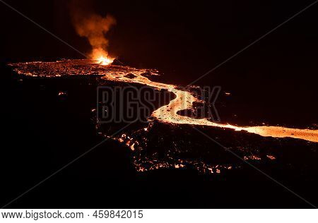 Aerial Drone Image Of Meradalir Eruption Of Fagradalsfjall Volcano In Iceland 2022