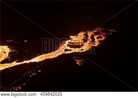 Aerial Drone Image Of Meradalir Eruption Of Fagradalsfjall Volcano In Iceland 2022