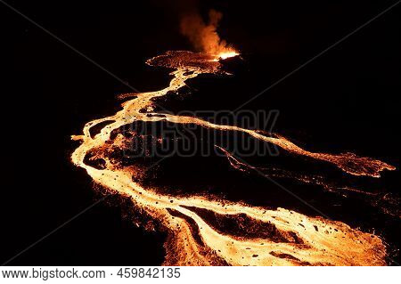 Aerial Drone Image Of Meradalir Eruption Of Fagradalsfjall Volcano In Iceland 2022