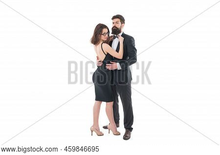 Official Dress Code. Woman Elegant Lady And Bearded Gentleman Black Tuxedo With Bow Tie. Formal Even