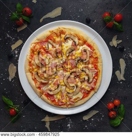 Traditional Italian Pizza With Mushroom, Corn And Ham