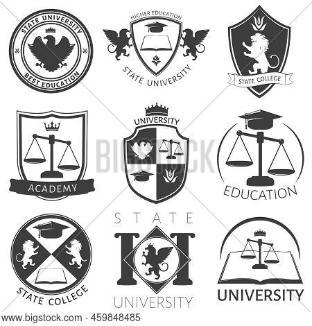 Heraldry Of University Black White Emblems With Academic Cap Lions Manuals Balance Eagle Crown Isola