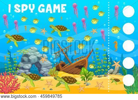 Underwater Landscape With Sea Animals, I Spy Game Worksheet. Vector Puzzle Quiz, Brain Riddle Of Car