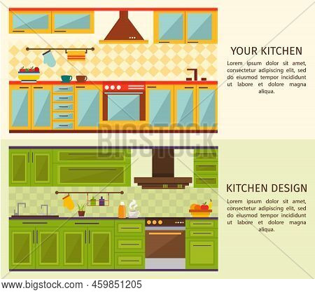Kitchen Interiors Horizontal Banners With Yellow Blue Forniture And Green Wall Cupboards And Cabinet