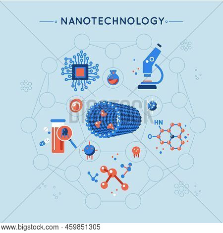 Nanotechnology Decorative Flat Icons Set With Tube Molecule Structure Microscope Elecronics Medicine