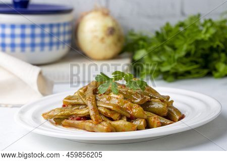 Traditional Delicious Turkish Food; Green Beans With Olive Oil; Turkish Name; Zeytinyagli Taze Fasul