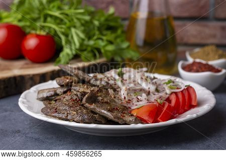 Traditional Turkish Liver Kebab Cuisine. Leaf Liver Spicy. Delicious Turkish Ciger. (turkish Name; Y