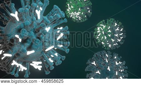 Abstract Virus Cells With Antibodies. Coronavirus Cells. Covid-19 Bodies Collapse. Vaccination. 3d R