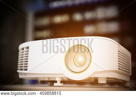 Close-up Computer Projector On Table Boardroom Or Meeting Room Technology Equipment Of Visual Or Vis