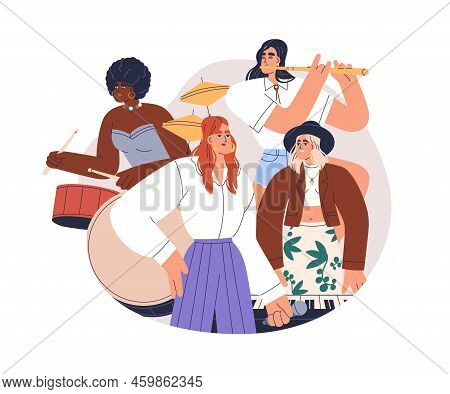 Girls Music Band With Musicians Play Synthesizer, Drum, Flute Instruments, Vocalist With Microphone.