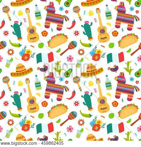 Mexican Elements Seamless Pattern. Sombrero, Guitar And Cactus, Tequila And Chili Traditional Americ