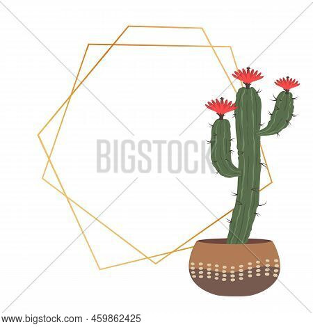 Cactus And Gold Geometric Frame In Scandi Style. Polygon Border For Invitation Or Greeting Card With
