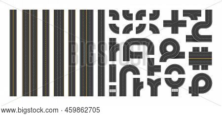 Highway Constructor. Top View Of City Road Segments With Marking, Crossroad Junctions Intersections 