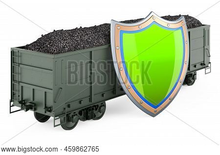 Mineral Wagon With Coal With Shield, 3d Rendering Isolated On White Background