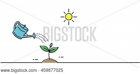 Watering A Watering Can Flower. Thin Line With Color.