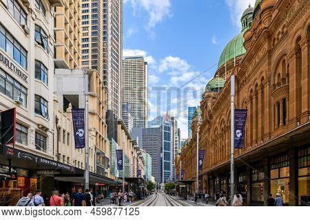 Sydney, Australia - April 16, 2022: George Street Viewed Towards South With The Sydney Queen Victori