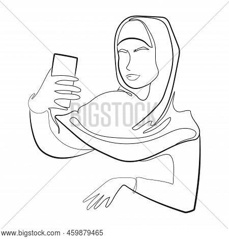 Modern Muslim Woman In Hijab Taking Selfie,continuous Line Drawing Isolated Vector Illustration.arab