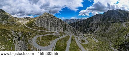 Drone View At Tremola The Old Road To Gotthard Pass In Switzerland
