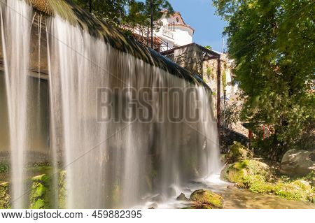 Waterfall At Livadeia In Greece. Long Exposure.