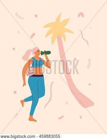Young Girl Is Playing Beach Volleyball, Beach Volleyball Player. Miami Beach Activities. Summer Heal