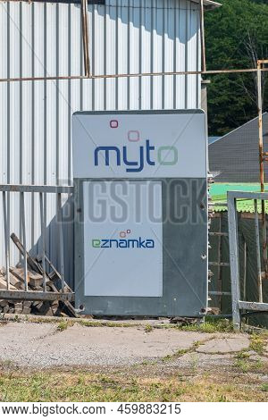 Vysny Komarnik, Slovakia - June 12, 2022: Logo Of Myto Eznamka. Emblem Of Electronic System Of Vigne