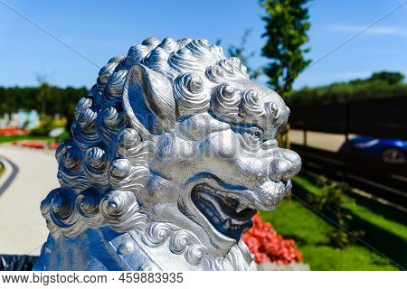 Chinese Lion,dragon Statue Architecture Guardian In Chaina Culture.summer Bright Day.